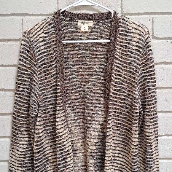 Style & Co Tan,black & cream gold Shimmer Fringe Sweater Cardigan. Size Medium - Picture 2 of 11
